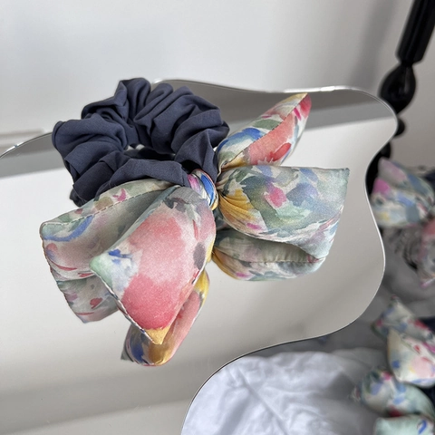 Koreanischer Stil Übergroße Schleife Haargummi Bunte Aquarell Blumendruck Stoff Elastisches Haarband Für Damen Elegante Haar-Accessoires