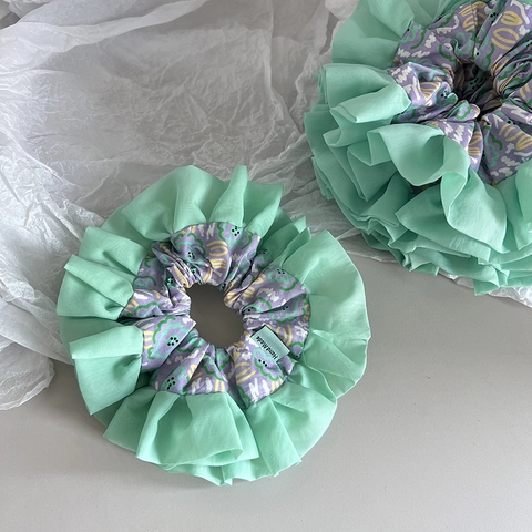 Grand Chouchou En Mousseline Plissée Floral Vert Menthe Fait À La Main Accessoire Cheveux Style Coréen Pour Femmes