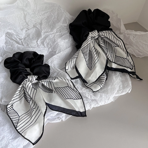 French Style Satin Bow Scrunchies For Women Navy Blue Striped Geometric Pattern Streamer Hair Ties Ribbon Accessories