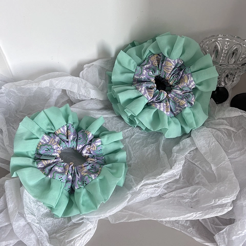 Grand Chouchou En Mousseline Plissée Floral Vert Menthe Fait À La Main Accessoire Cheveux Style Coréen Pour Femmes