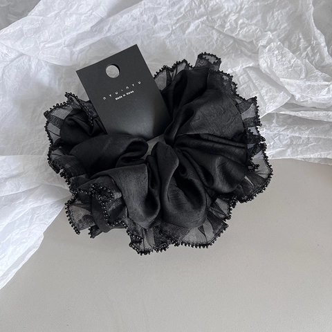 Elegante Zwarte Chiffon Mesh Scrunchies Voor Dames Mode Grote Haarelastiekjes Met Kralenrand Ruffles Geplooid Haaraccessoires