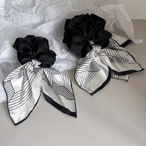 French Style Satin Bow Scrunchies For Women Navy Blue Striped Geometric Pattern Streamer Hair Ties Ribbon Accessories