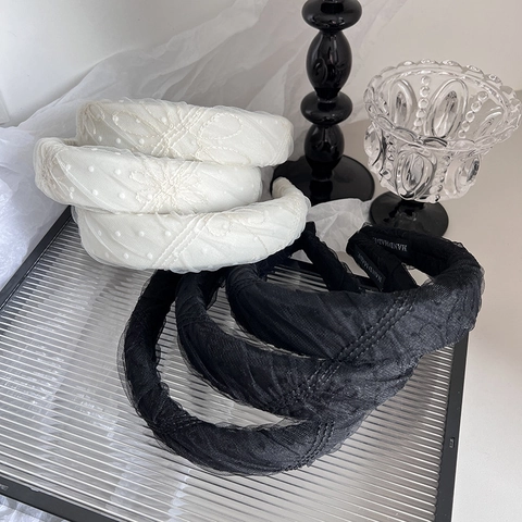 Serre-tête Vintage en Maille Plissée Femme Élégant Broderie Florale Pois Accessoires de Cheveux Faits Main Sophistiqués