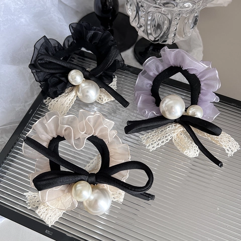 Fermacapelli in Stile Coreano in Pizzo e Rete Con Künstliche Perle Artificiali e Fiocco Elegante Elastico per Capelli Francese per Donna Ragazza