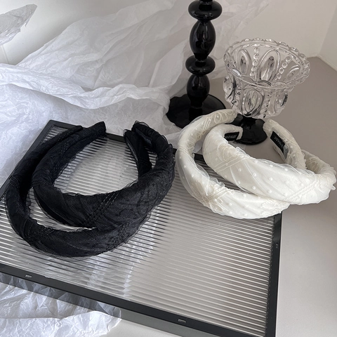 Serre-tête Vintage en Maille Plissée Femme Élégant Broderie Florale Pois Accessoires de Cheveux Faits Main Sophistiqués