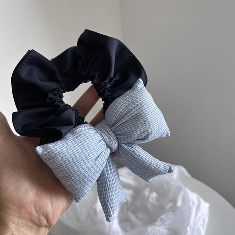 Koreanischer Stil Blau Kariert Schleife Haargummi Große Stoff Haarbänder Süße Elegante Ponytail Halter Handgefertigt Haarschmuck Damen