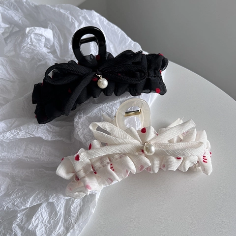 Molla per Capelli in Stile Coreano con Fiocco a Pois in Chiffon per Donna Elegante Clip a Squalo Grande con Ciondolo in Perla Artificiale