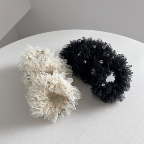 Elegant Seersucker Mesh Rhinestone Scrunchies For Women High Elasticity Sparkly Hair Ties Fashion Headwear Hair Accessories