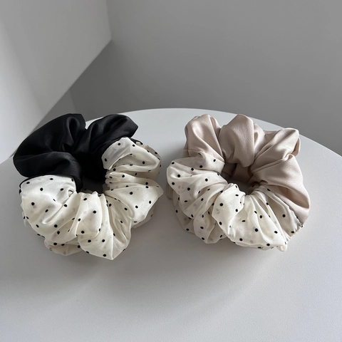 Français Doux Chouchous Satin Pois Épissage Femmes Élégant Bloc Couleur Grands Anneaux Cheveux Accessoires Coréens