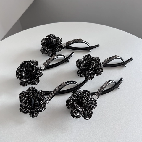 Elegante Pinza de Pelo de Camelia con Diamantes de Imitación Clip de Banana Tridimensional de Cristal para Mujer Accesorios