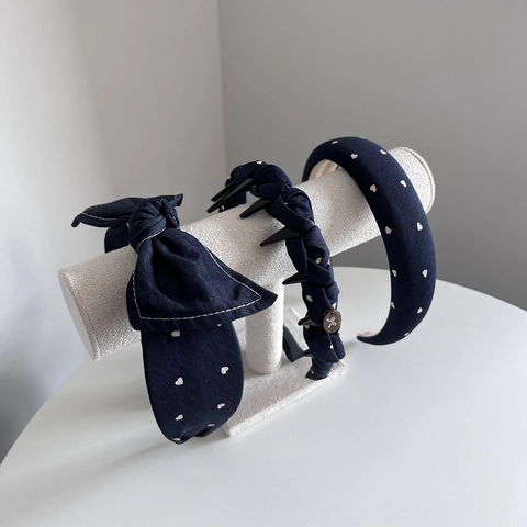 French Denim Fabric Headband For Women Korean Style Wide Padded Hair Hoop With Bow Heart Print Handmade Styling Headband Hair Accessories