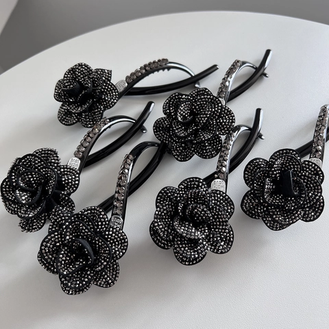 Elegante Pinza de Pelo de Camelia con Diamantes de Imitación Clip de Banana Tridimensional de Cristal para Mujer Accesorios