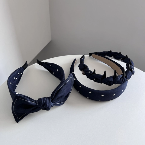 French Denim Fabric Headband For Women Korean Style Wide Padded Hair Hoop With Bow Heart Print Handmade Styling Headband Hair Accessories
