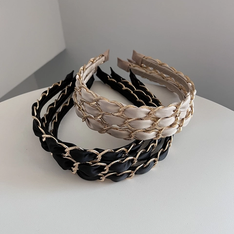 Serre-tête Tressé en Satin Vintage Français Chaîne en Métal Doré Tissage Bandeau Élégant Accessoires Cheveux Femme Quotidien Fête