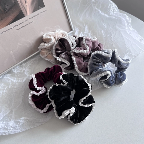 Scrunchies in Velluto Vintage Con Bordo in Pizzo Per Donna Stile Francese Eleganti Elastici Per Capelli Grandi Fascia Per Capelli