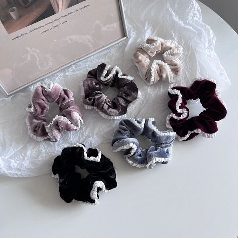 Scrunchies in Velluto Vintage Con Bordo in Pizzo Per Donna Stile Francese Eleganti Elastici Per Capelli Grandi Fascia Per Capelli