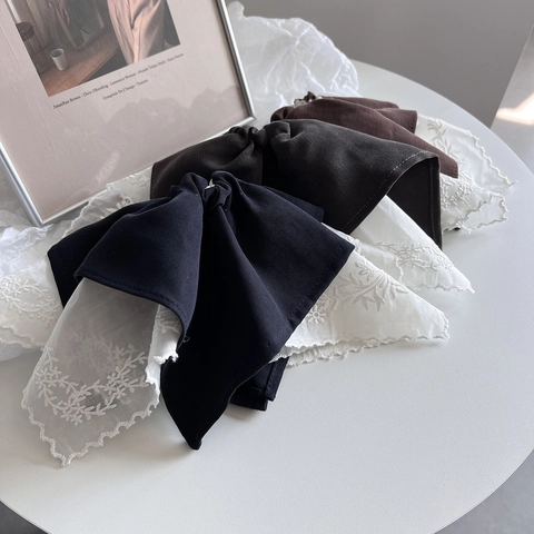 Chouchou Cheveux Élégant à Grand Nœud en Dentelle Style Coréen Tissu Broderie Florale Accessoire pour Femmes