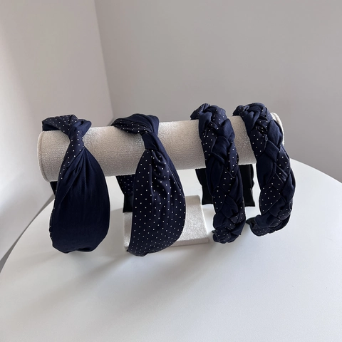 Französisch Retro Marineblau Punktmuster Stoff Haarreif Für Damen Geflochten Geknotet Breit Haarband Haarschmuck