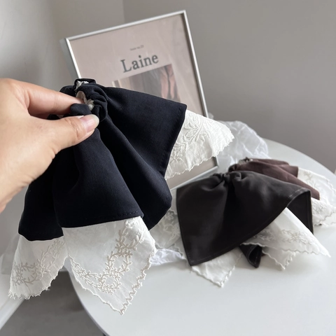 Chouchou Cheveux Élégant à Grand Nœud en Dentelle Style Coréen Tissu Broderie Florale Accessoire pour Femmes