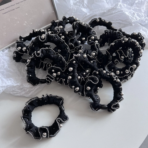 Vintage Schwarz Plissee Perlen Haargummi Satin Stoff Elastisches Haarband Für Damen Elegante Pferdeschwanz Accessoires