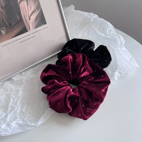 Coletero de Terciopelo con Strass Elegante Vintage para Mujer Color Sólido Goma de Pelo Elástica Retro Suave Accesorio Grande