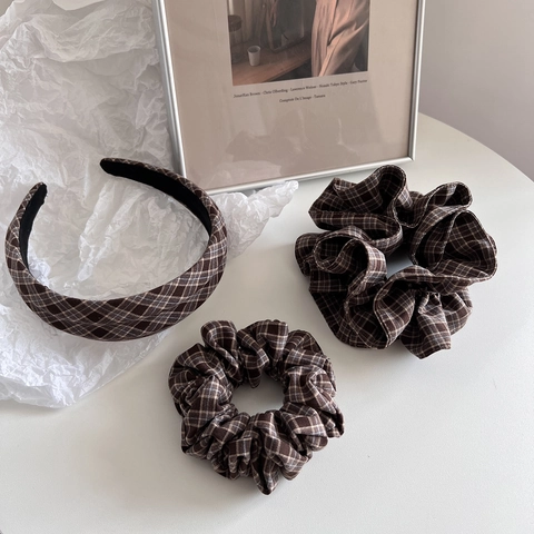 Vintage Brown Plaid Hair Accessories For Women Retro Checkered Pure Cotton Scrunchie Korean Style Cloth Headband Elegant Hair Ties