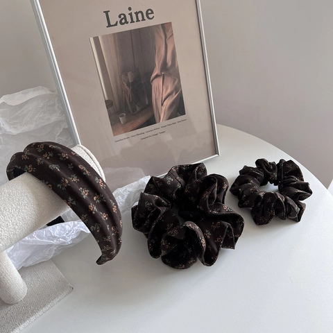 Vintage Brown Floral Fabric Hair Scrunchie And Headband Korean Style Elegant Retro Flower Pattern Hair Accessories For Women