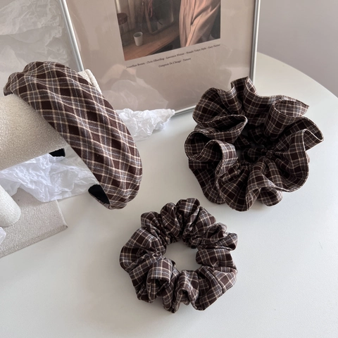 Vintage Brown Plaid Hair Accessories For Women Retro Checkered Pure Cotton Scrunchie Korean Style Cloth Headband Elegant Hair Ties