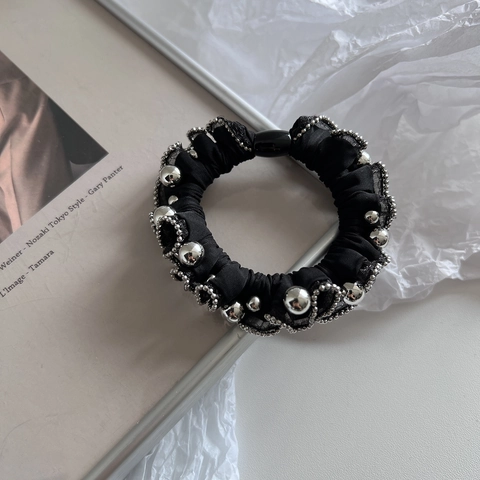 Vintage Schwarz Plissee Perlen Haargummi Satin Stoff Elastisches Haarband Für Damen Elegante Pferdeschwanz Accessoires