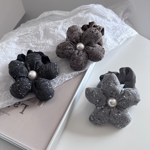 Coletero para el Cabello con Flor de Tweed con Perla Artificial Elegante Lazo para el Cabello de Tela Estilo Vintage Francés para Mujer