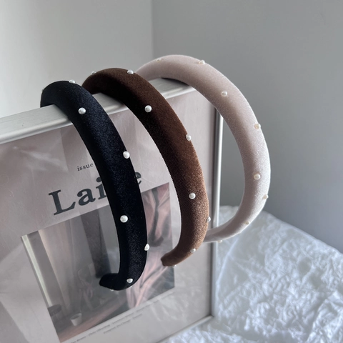 Diadema Acolchada de Terciopelo Retro Con Perlas Artificiales para Mujer Elegante Color Sólido Accesorios para el Cabello