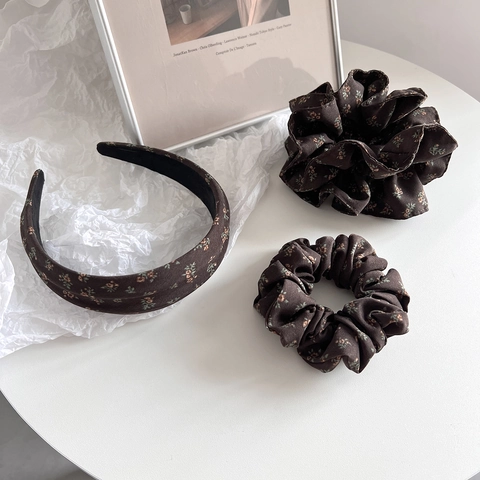 Vintage Brown Floral Fabric Hair Scrunchie And Headband Korean Style Elegant Retro Flower Pattern Hair Accessories For Women