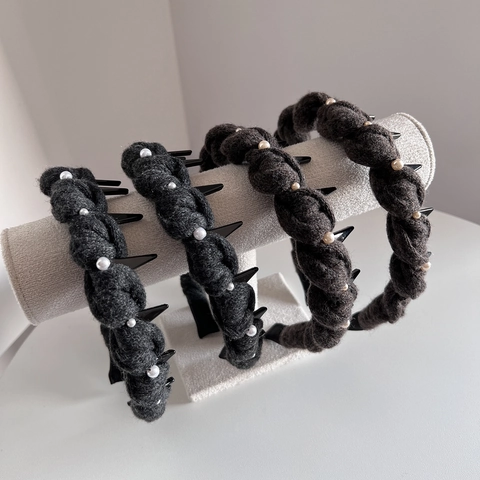 Damen Strick Wolle Gepolstertes Stirnband Hohes Oberteil Geflochten Kunstparel Nieten Spitzen Handgefertigt Haarschmuck