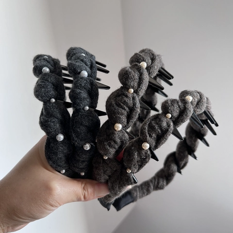 Damen Strick Wolle Gepolstertes Stirnband Hohes Oberteil Geflochten Kunstparel Nieten Spitzen Handgefertigt Haarschmuck