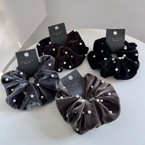 Elegante Coletero de Terciopelo para Mujer Perla Artificial Vintage Plisado Cinta para el Pelo Estilo Coreano Grande Accesorios de Moda