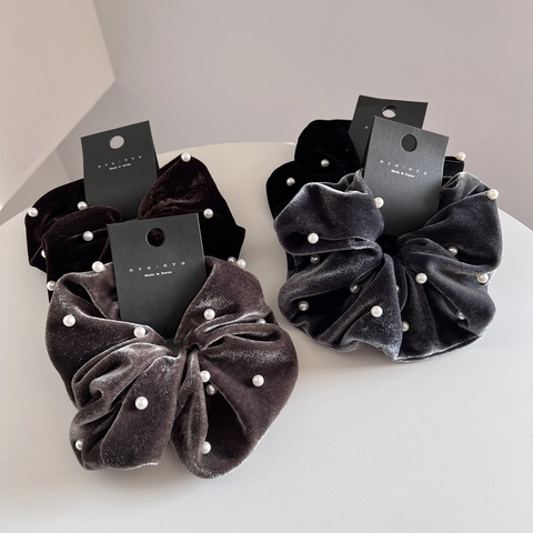Elegante Coletero de Terciopelo para Mujer Perla Artificial Vintage Plisado Cinta para el Pelo Estilo Coreano Grande Accesorios de Moda