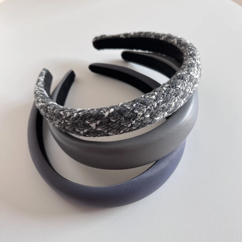 Women's High Crown Padded Headband Wide Brim Gray Fabric PU Leather Fashion Elegant Solid Color Hair Hoop Accessory