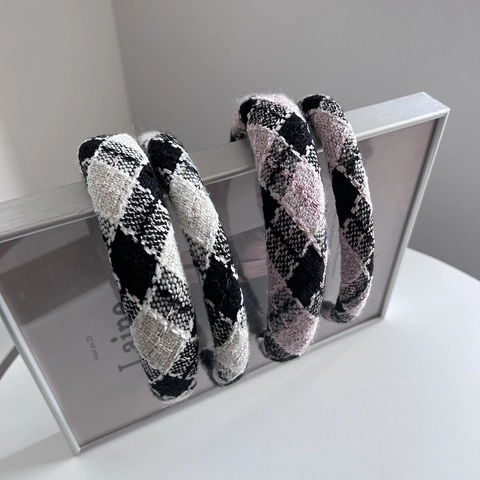 Vintage Tweed Gitter Gepolstertes Stirnband Retro Elegant Gewebtes Haarband High Top Schwamm Haarreif Für Damen Haarschmuck
