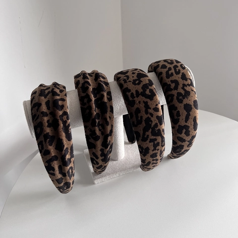 Cerchietto Imbottito con Stampa Leopardata in Tessuto Scamosciato Corona Alta Fascia per Capelli in Spugna Vintage Autunno Inverno Donna