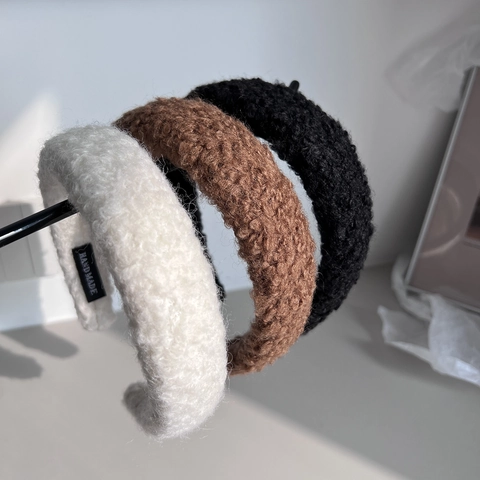 Cerchietto in Stile Coreano in Peluche Sherpa a Tesa Larga Morbido Imbottito Design a Cima Alta Vintage Autunno Inverno Fatto a Mano