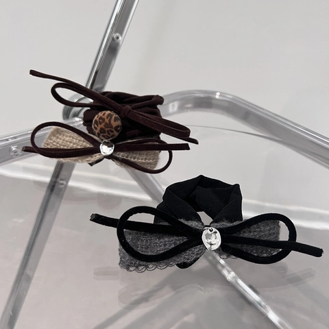 Korean Style Bowknot Hair Ties Velvet Knitted Scrunchies With Metal Tag Leopard Bead Elastic Hair Bands Women Accessories