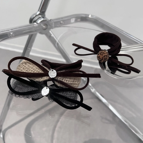 Korean Style Bowknot Hair Ties Velvet Knitted Scrunchies With Metal Tag Leopard Bead Elastic Hair Bands Women Accessories
