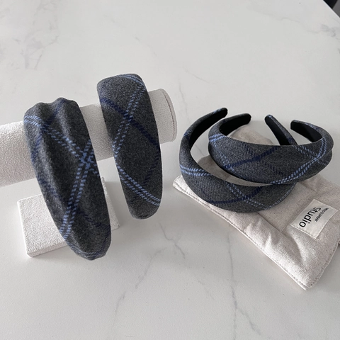 Grey Plaid Woolen Wide Headband For Women Padded Fashion Hairband British Style Vintage Commute Hair Accessories