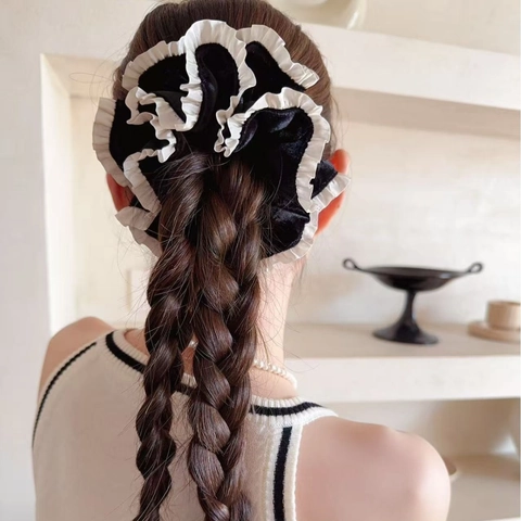 Chouchou En Velours À Volants Pour Femmes Bordure En Satin Contrastée Grand Élastique À Cheveux Accessoires Vintage Balletcore