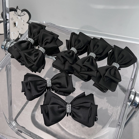 Elegante Fermaglio a Banana Con Fiocco in Raso Nero Per Donna Stile Vintage Hepburn Con Decorazione Di Perline
