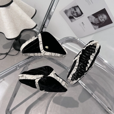 Vintage Samt Haarklammer Elegant Schwarz Weiß Plissee Spitze Haarkralle Dreieckige Große Haarnadel Damen Party Styling