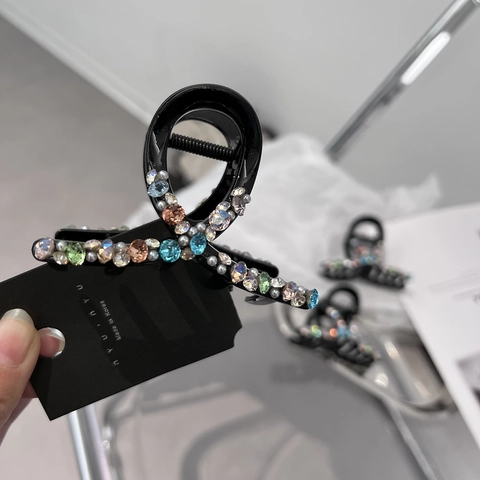 Pinza per Capelli Nera in Stile Coreano Con Strass Multicolore e Künstliche Perle Artificiali Accessori per Capelli Incrociati da Donna