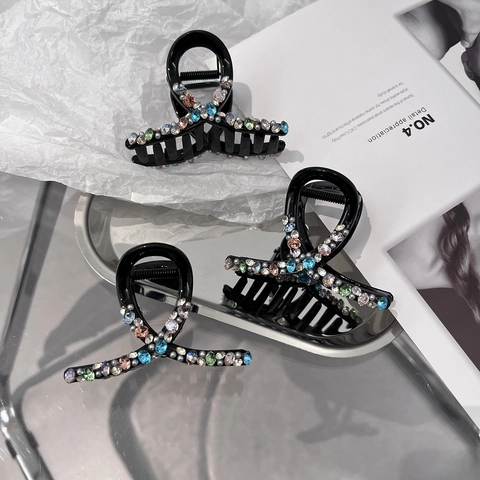 Pinza per Capelli Nera in Stile Coreano Con Strass Multicolore e Künstliche Perle Artificiali Accessori per Capelli Incrociati da Donna