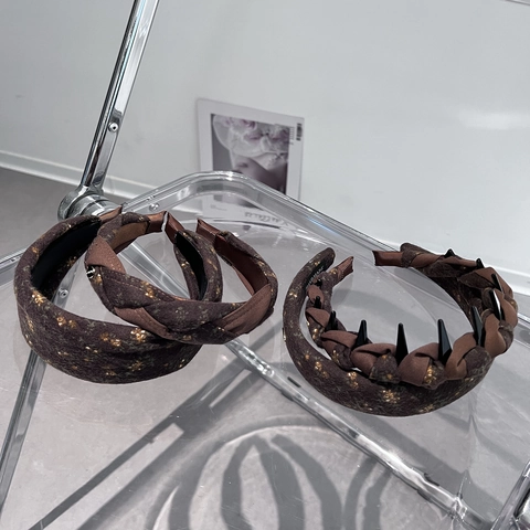 Cerchietto in Tessuto Floreale Stile Maillard Vintage per Donna Retro Marrone Intrecciato a Tesa Larga Accessori per Capelli Moda Quotidiana