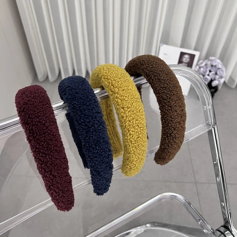 Cerchietto da Donna in Stoffa di Peluche Invernale Ispessito a Sommità Cranica Alta Tinta Unita Elegante Fatto a Mano in Lana